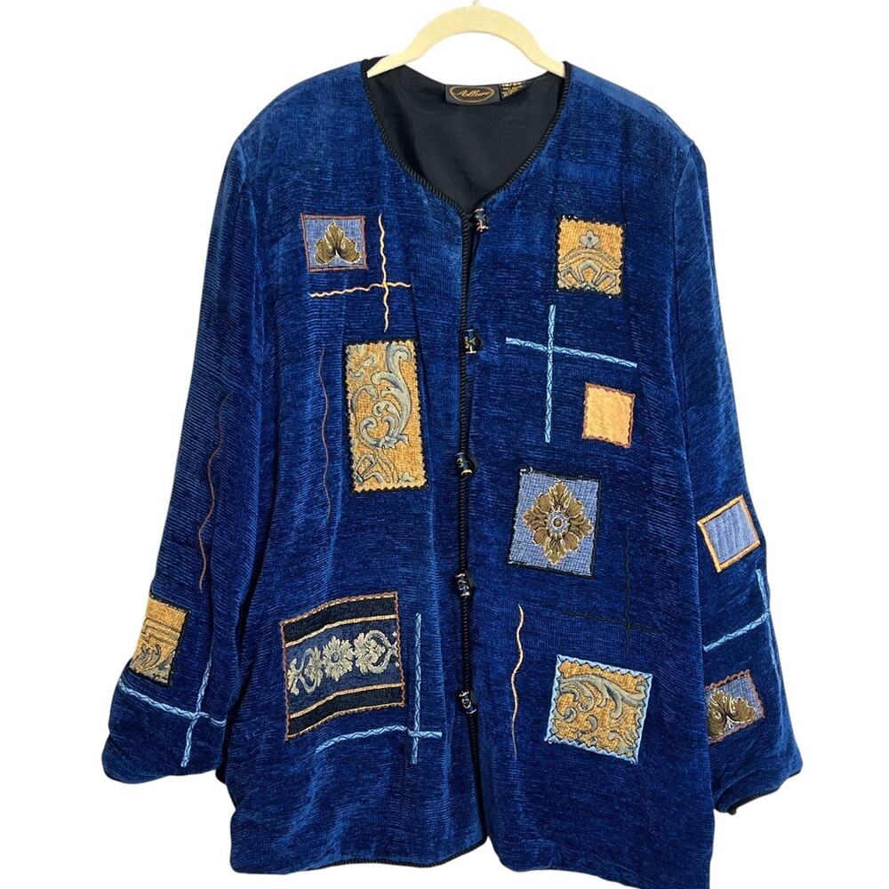 Allure Womens Cardigan Jacket 18/20 Blue Textured Woven Patchwork Rayon